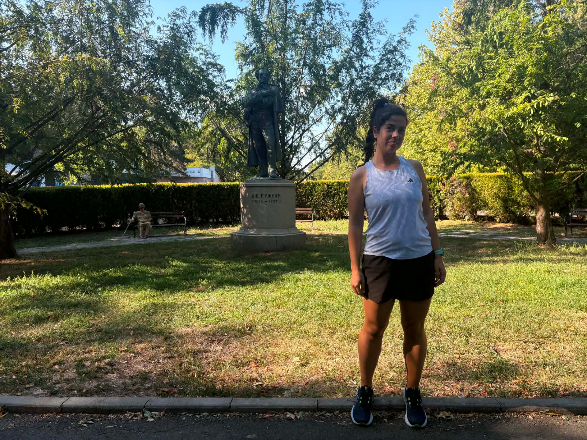 Runner by the Pushkin monument in the Sea Garden park