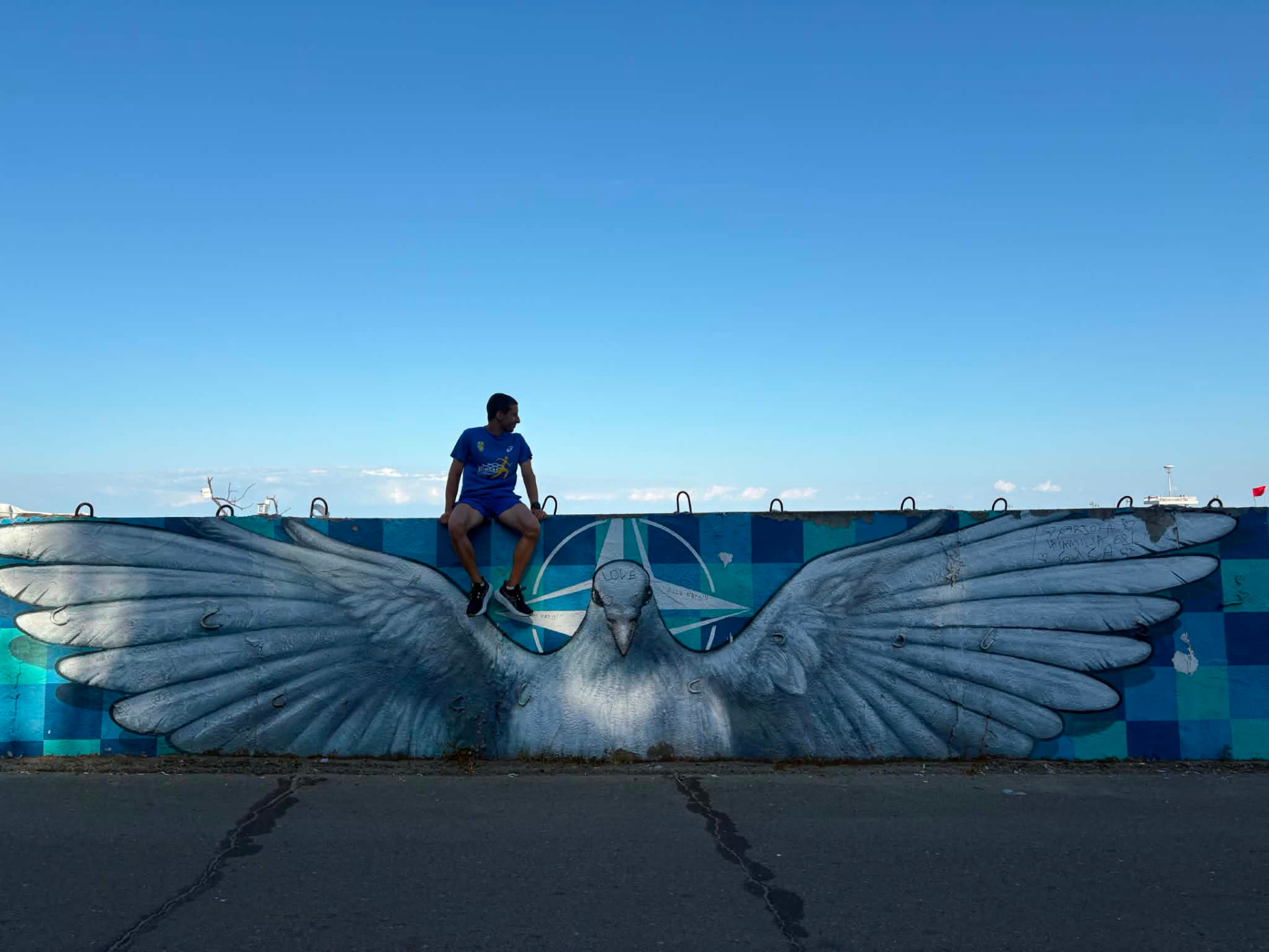 Runner sitting on the seawall with the big seagull mural