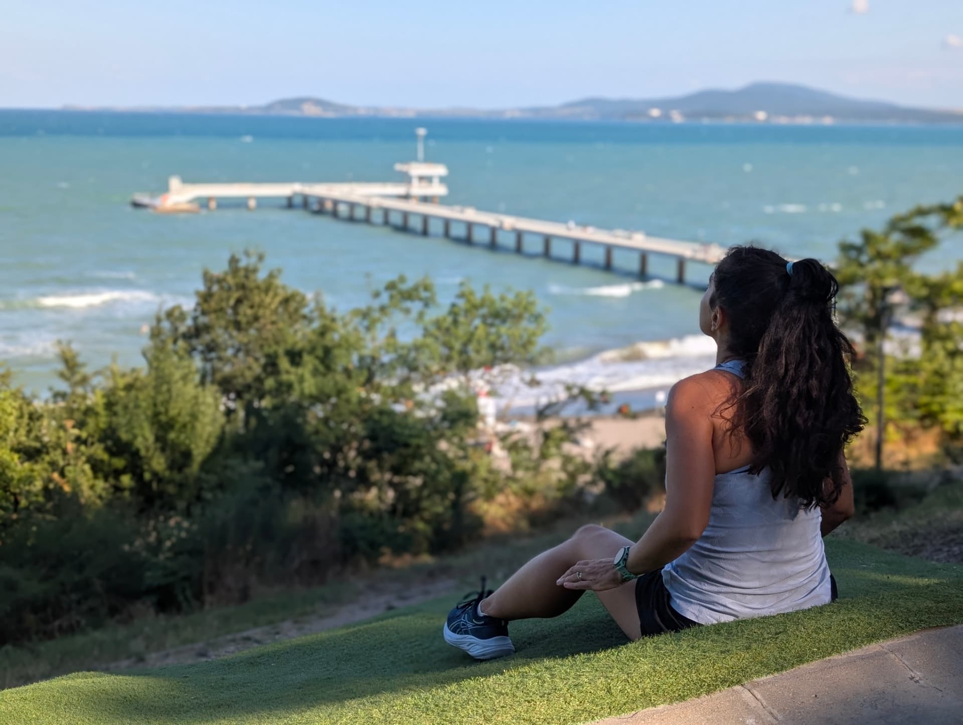 Runner resting on the grass above the beach with the pier in the background